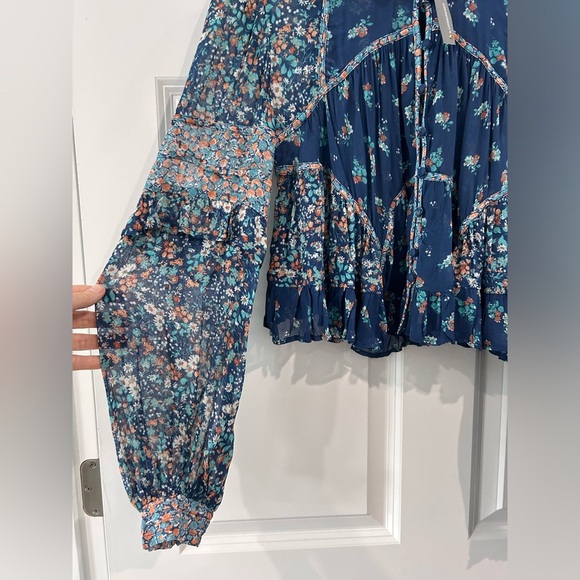 Anthropologie Sheer Babydoll Blouse Blue Floral Sm Festival Boho Hippie Cowgirl - Picture 4 of 11